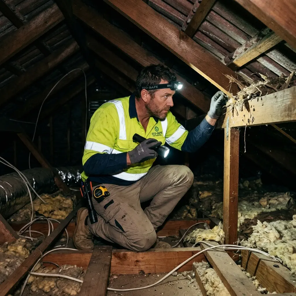 Technician inspecting a Mill Park roof cavity for a dead possum